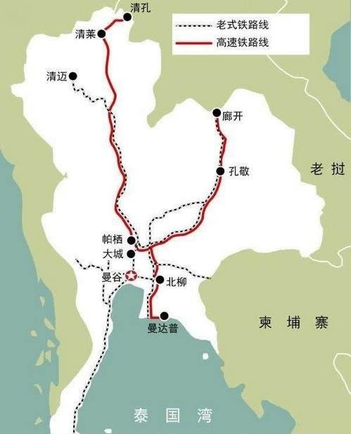  中泰铁路（廊开-曼谷/曼达普）为泛亚铁路中线，而清迈/清孔-曼谷为日泰高铁&nbsp; 资料图