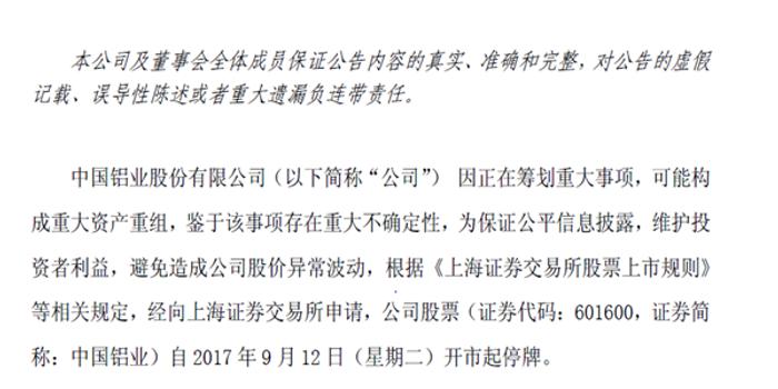 重组预期升温 中国铝业宣布停牌