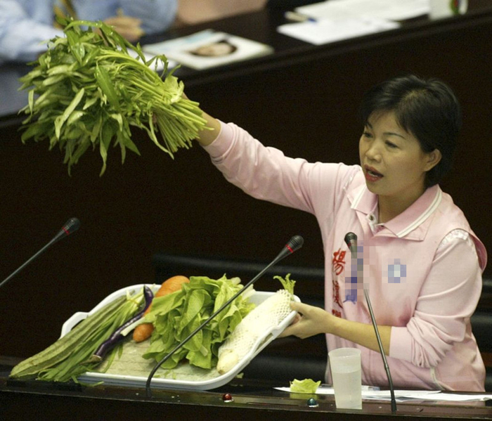 菜价问题影响民生，“立委”杨琼璎质询时，拿一盘青菜请当时的“行政院长”张俊雄和“农委会主委”苏嘉全估价。（图片来源：台湾《联合报》）