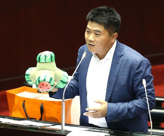 “立委”颜宽恒拿出消波块抱枕送林全，期许新当局能帮台湾像消波块转型一样成功。（图片来源：台湾《联合报》）