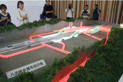八达岭长城站沙盘图，图中绿色部分为扶梯，红色部分与扶梯相接的为旅客通道，最外围的红色通道为施工辅助通道。