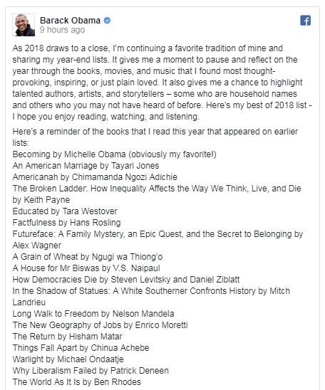  奥巴马在Facebook上贴出自己的年度清单