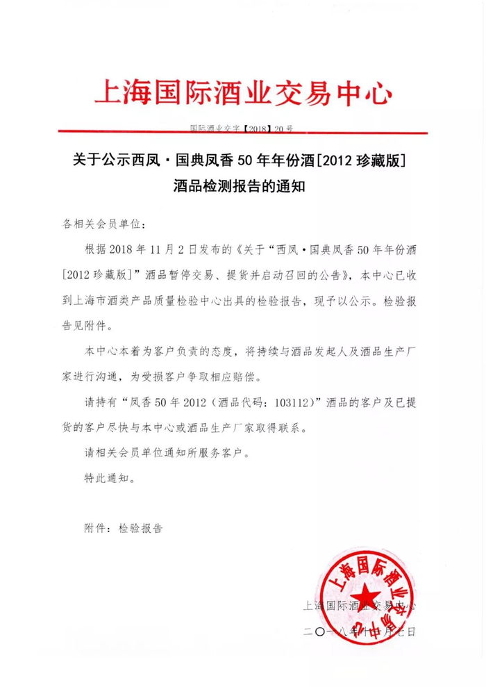 ▲关于公示西凤·国典凤香50年年份酒[2012珍藏版] 酒品检测报告的通知