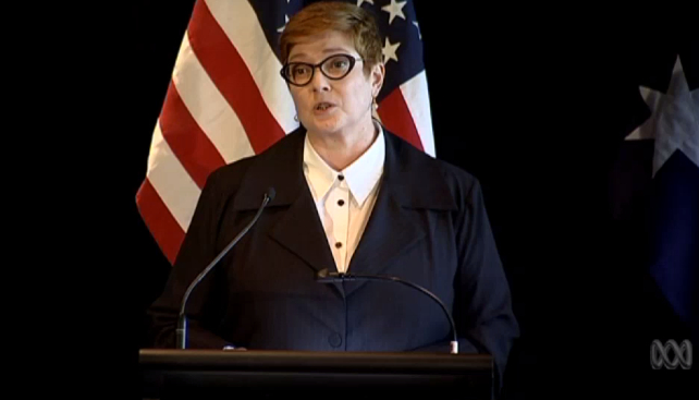 8月4日，参加澳美部长级磋商会议的雷诺兹 图源：ABC新闻视频截图