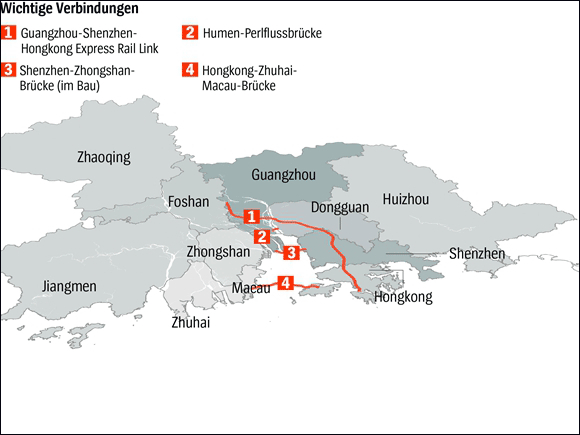 珠三角地区的四条重要的交通干线：1 广深港高铁 2 虎门大桥 3 深圳中山大桥（在建） 4 港珠澳大桥
