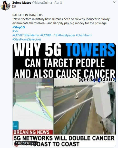 外国网友制作视频宣称5G“监控民众且致癌”&nbsp; 来源：社交媒体