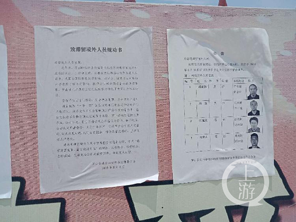  6月9日，河南罗山县张贴的《致滞留境外人员规劝书》和对滞销境外胡清强等4人的公告。