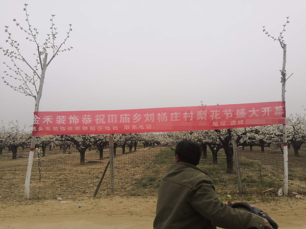 当地企业祝田庙乡梨花节盛大开幕的条幅。