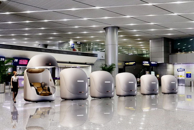 设在机场、高铁站等场所的氧疗舱概念图。资料来源：深呼吸创造智能科技（天津）有限公司