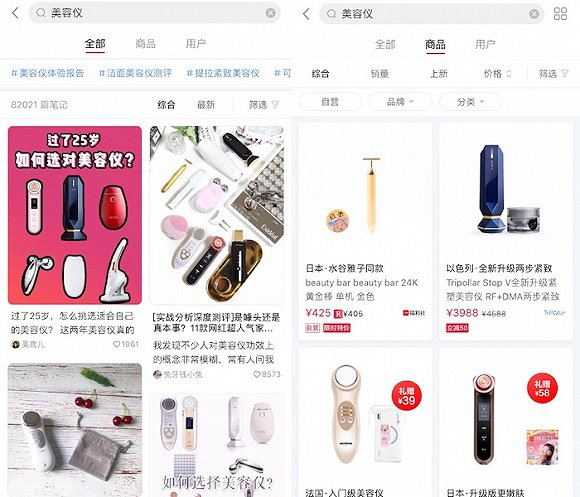 小红书社区“美容仪”检索结果
