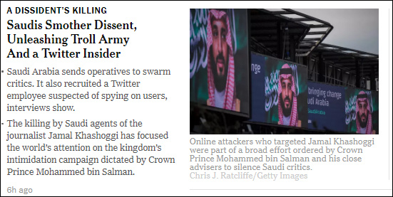  “沙特让异见人士噤声，释出巨魔军团和推特间谍”，截图来自纽约时报