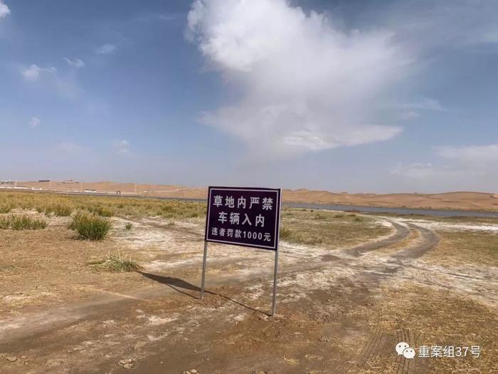 ▲临近英雄会会场的湖边，竖着严禁车辆入内的警示牌，草地上布满车痕。新京报记者&nbsp;李明&nbsp;摄