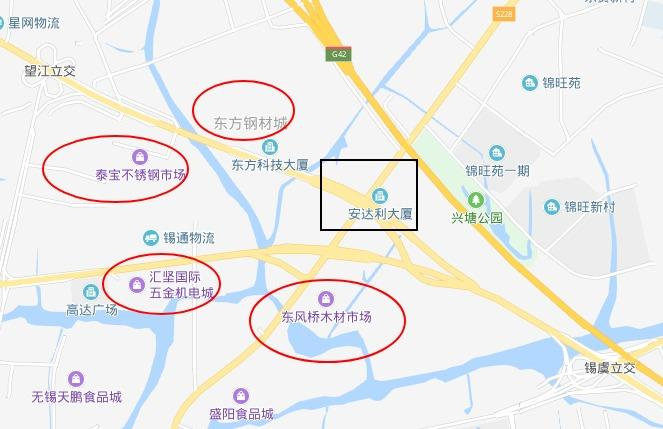 （黑色方框是本次桥梁侧翻的位置，周围至少有4个专业批发市场）
