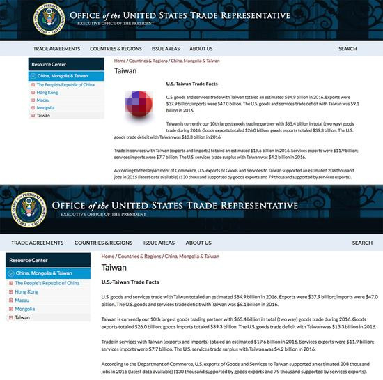 美国贸易代表署官网“青天白日满地红旗”图案消失。