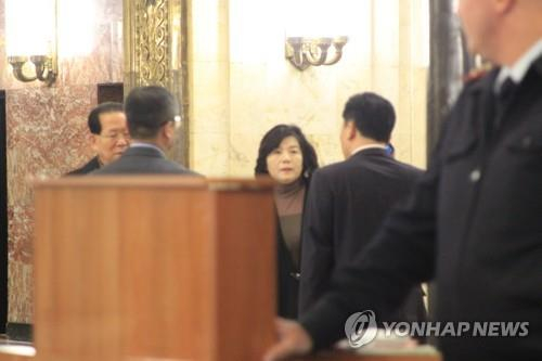 8日，刚刚结束与俄罗斯副外长莫尔古洛夫会晤的朝鲜副外相崔善姬正准备离开会场。（韩联社）