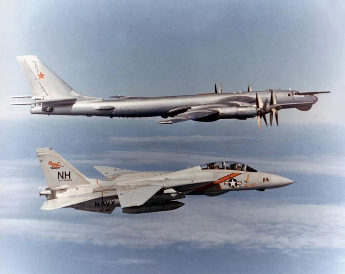 ▲资料图片：冷战时期，从美国航母起飞的F-14（下）和苏联Tu-95轰炸机（上）对峙，是冷战经典画面。（维基百科）
