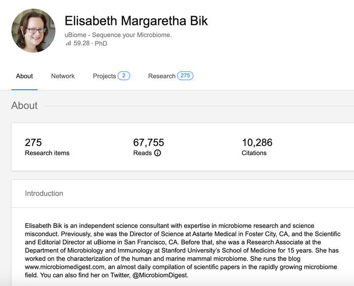  Elisabeth Bik在ResearchGate网站上的个人介绍