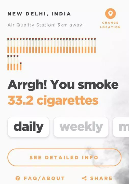 当地网友的APP显示，空气质量相当于每天抽33.2根香烟（图片来源：当地网友推特截图）