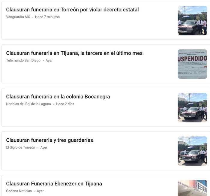 △墨西哥各地关停殡葬公司的新闻（网页截图）