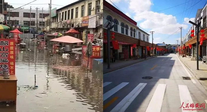 图为容城菜市场改造前后。（左图汪军摄，右图王红摄）