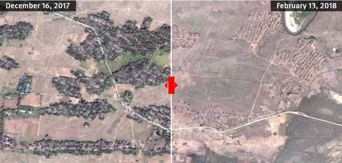  敏贺庐被铲平前后对比卫星图&nbsp; “人权观察”组织官网截图