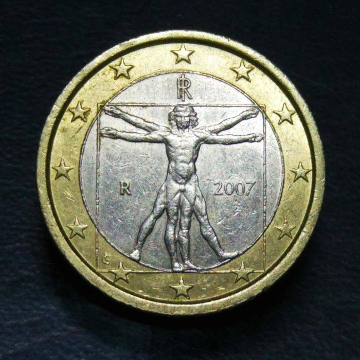  这是镌刻在1欧元硬币背面的《维特鲁威人》。图片来自网络