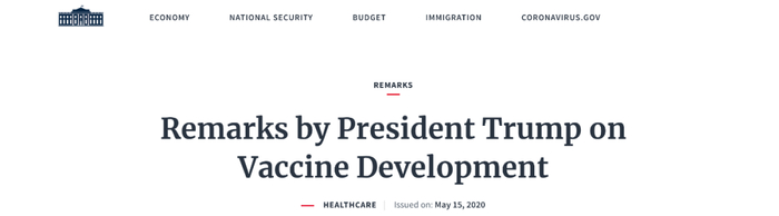特朗普发表疫苗研发进程的讲话。/ 白宫网站截图