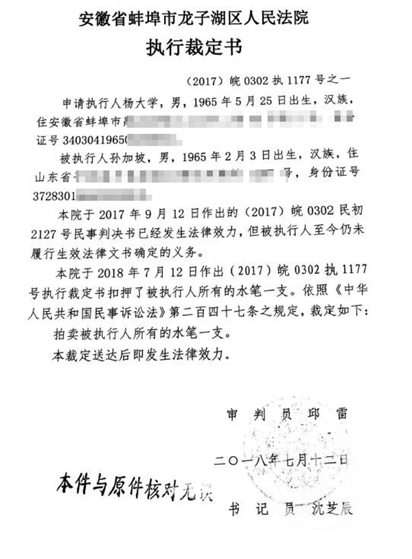 龙子湖区法院司法拍卖一支笔的执行案由。