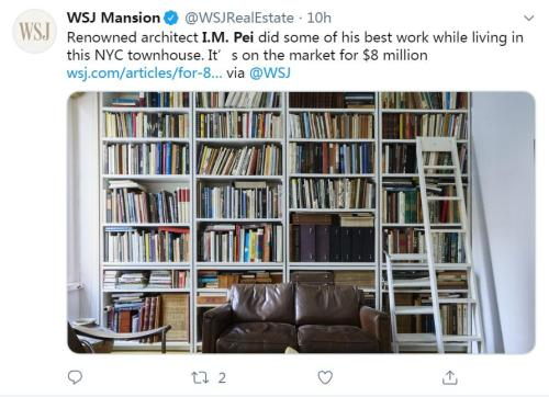  贝聿铭纽约故居将挂牌出售。（图片来源：社交网站截图）