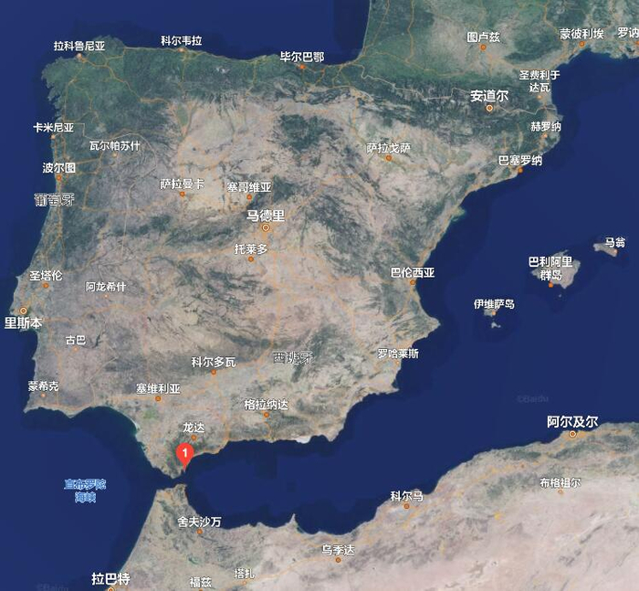  直布罗陀地区扼守地中海入口，二战期间发挥了巨大的战略作用（图片来源：百度地图）