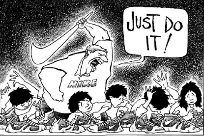 讽刺耐克东南亚代工厂雇用童工的漫画。
