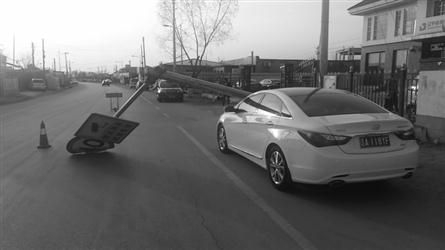 路边限速提示牌倒下，砸中停在路边的轿车。 当事人供图
