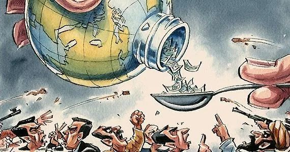 　　2007年4月，美国第二大次级房贷公司“新世纪金融公司”破产，暴露了次级抵押债券的风险，尽管随后美联储作出反应，股市也得以在高位维持，但到了次年8月，美国房贷两大巨头——房利美和房地美股价暴跌。图为金融漫画（来自网络）。