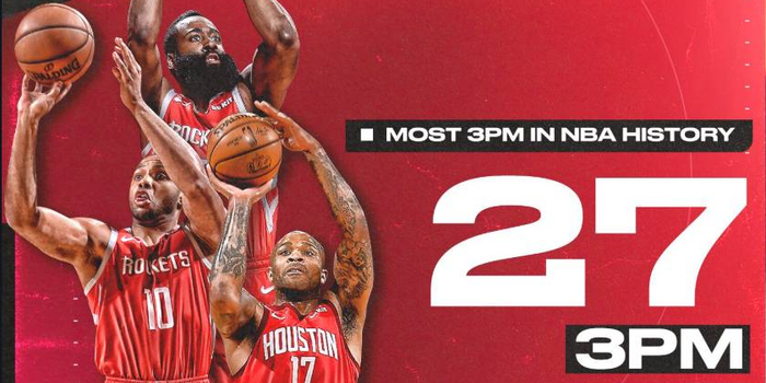 万箭齐发!赛季至今火箭已18次单场命中20+3分