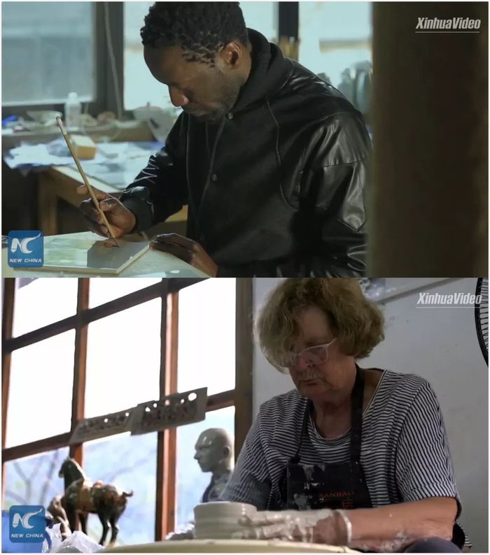 ▲“洋景漂”在制作陶瓷艺术品（新华社报道截图）