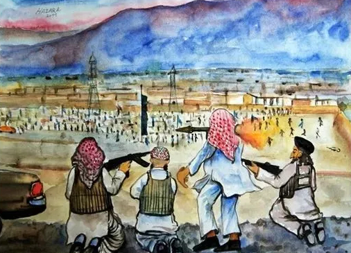 以图画的方式展示什叶派哈扎拉人历次遇袭时的场景