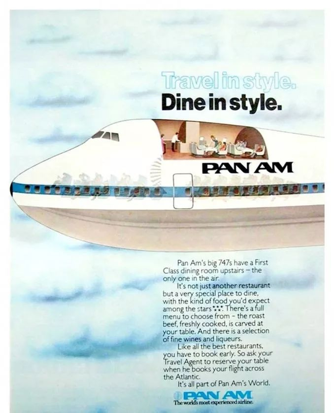 泛美航空b747头等舱的广告当747滑向登机口,人们会拍照留念,小孩会用