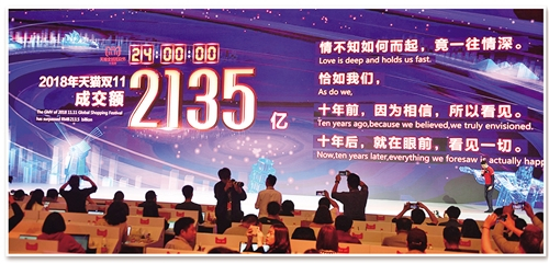 在2018年“天猫双11全球狂欢节”上，大屏幕显示“双11”全天成交额（11月12日摄）。新华社记者 黄宗治摄 
