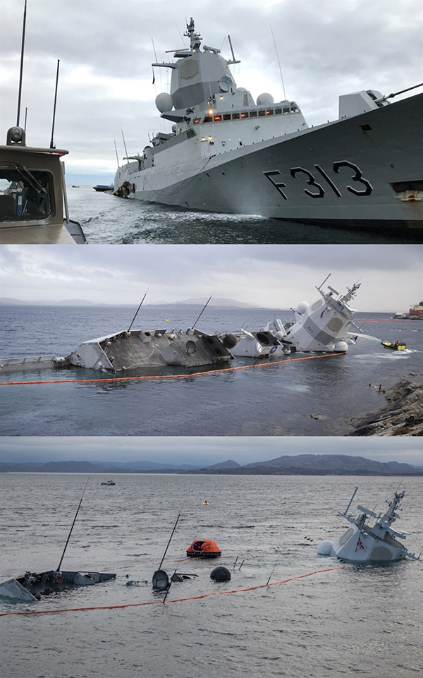 “英斯塔”号护卫舰坐沉峡湾岸边。