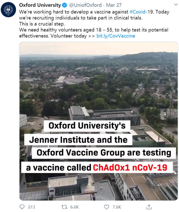 　　▲3月27日，英国牛津大学招募18-55岁之间的志愿者以测试名为“ChAdOx1 nCoV-19”的候选新冠疫苗。截图自推特