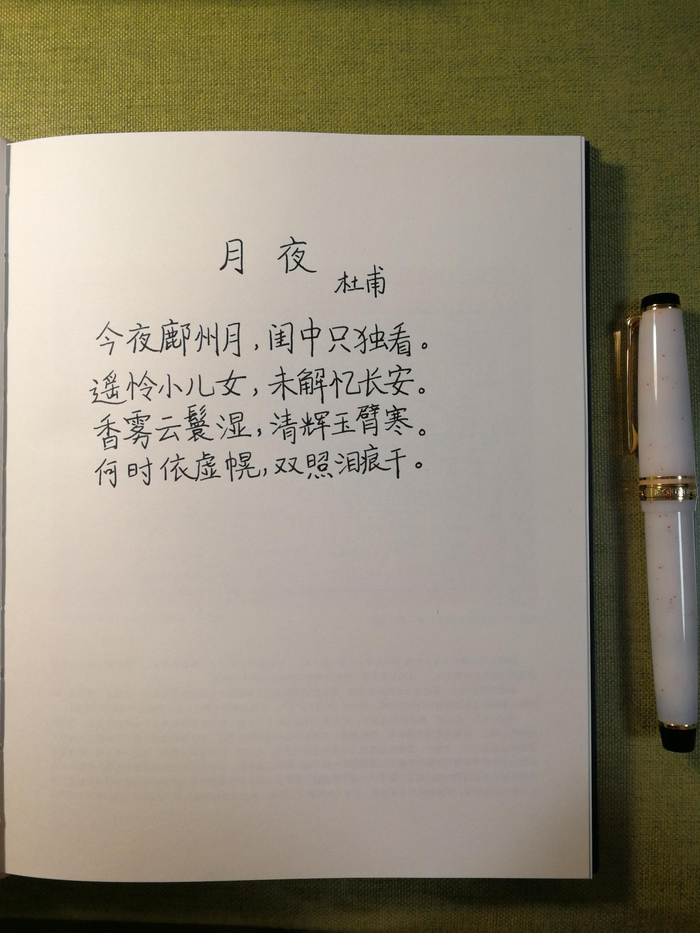 悦悦妈妈在本子上记录下孩子背诵的《月夜》