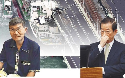 燕子台风重创日本衍生关西机场事件，台“驻日代表”谢长廷（右）认为是“假新闻”造成“驻大阪办事处处长”苏启诚（左）轻生，苏妻昨发表声明澄清。（图片来自台媒）