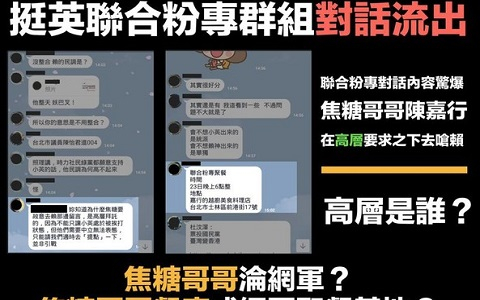 　　粉丝专页“清出于南”贴出一张挺英联合粉专的Line群组对话，网友纷纷询问“对话中的高层是谁？”（图片来自台媒）