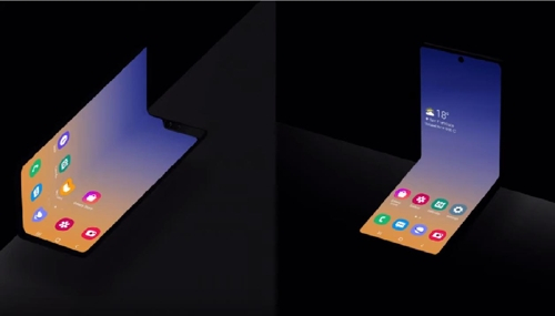  Galaxy Fold（左）和新款横向折叠屏手机。 视频截图