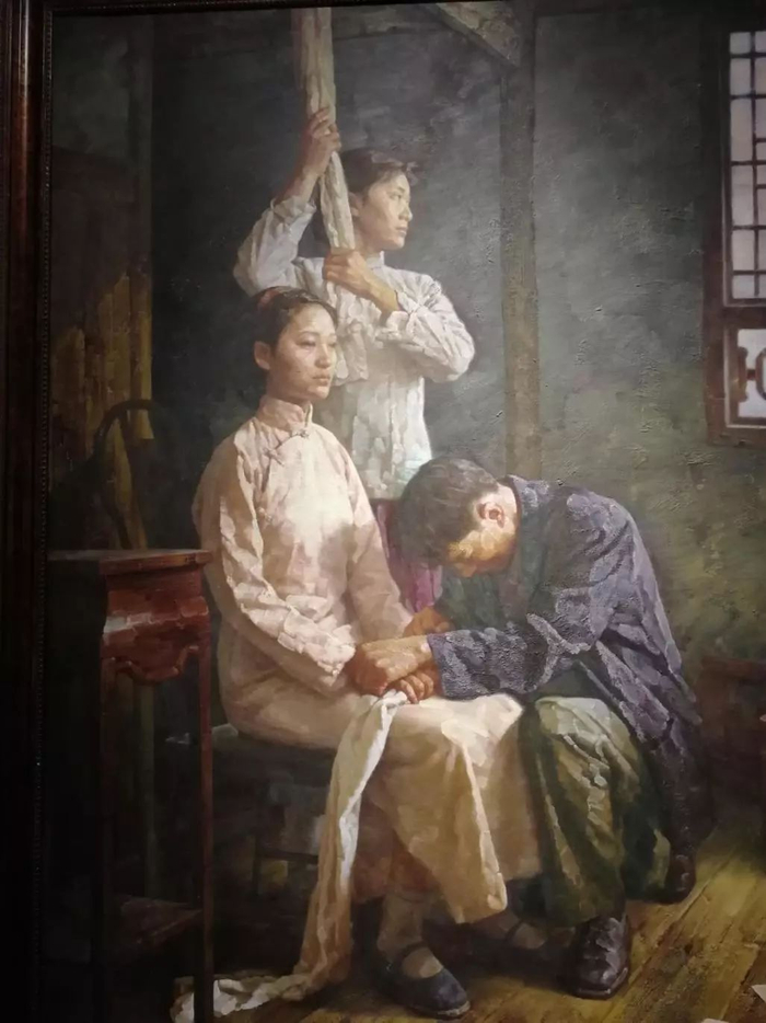 油画：《用生命向党报警》。翻拍自重庆市红岩革命纪念馆