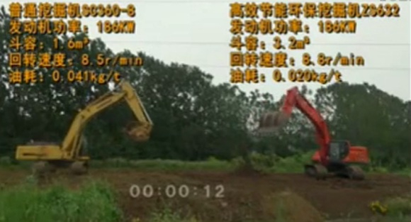 “神挖”与力士德普通挖掘机同场竞技的视频截图。