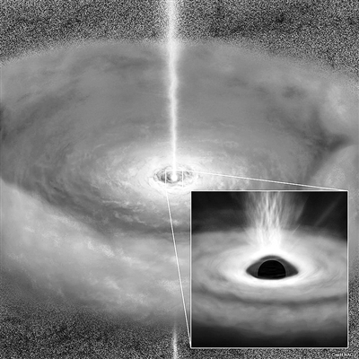 超大黑洞周围吸积盘想象图。黑洞的自转形成强电波辐射源高速喷射流。 日本国立天文台提供