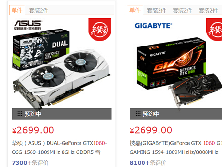 京东商城GTX1060显卡定价虽低于3000元，但均处于缺货状态。资料图