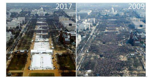 左图是2017年特朗普就职典礼，右图2009年巴马就职典礼。图片所示地区均为国家广场