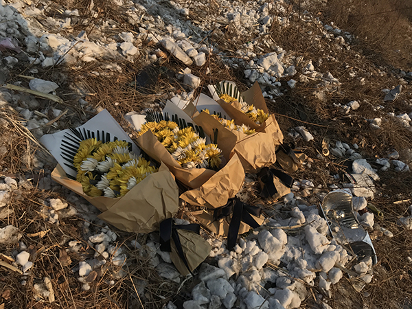 2018年1月6日，有人在事发地放了四束菊花。澎湃新闻记者 张维 图